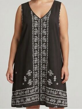 Free 2 Luv Black & White Floral V-Neck Sleeveless Dress Boho Chic Size 2X